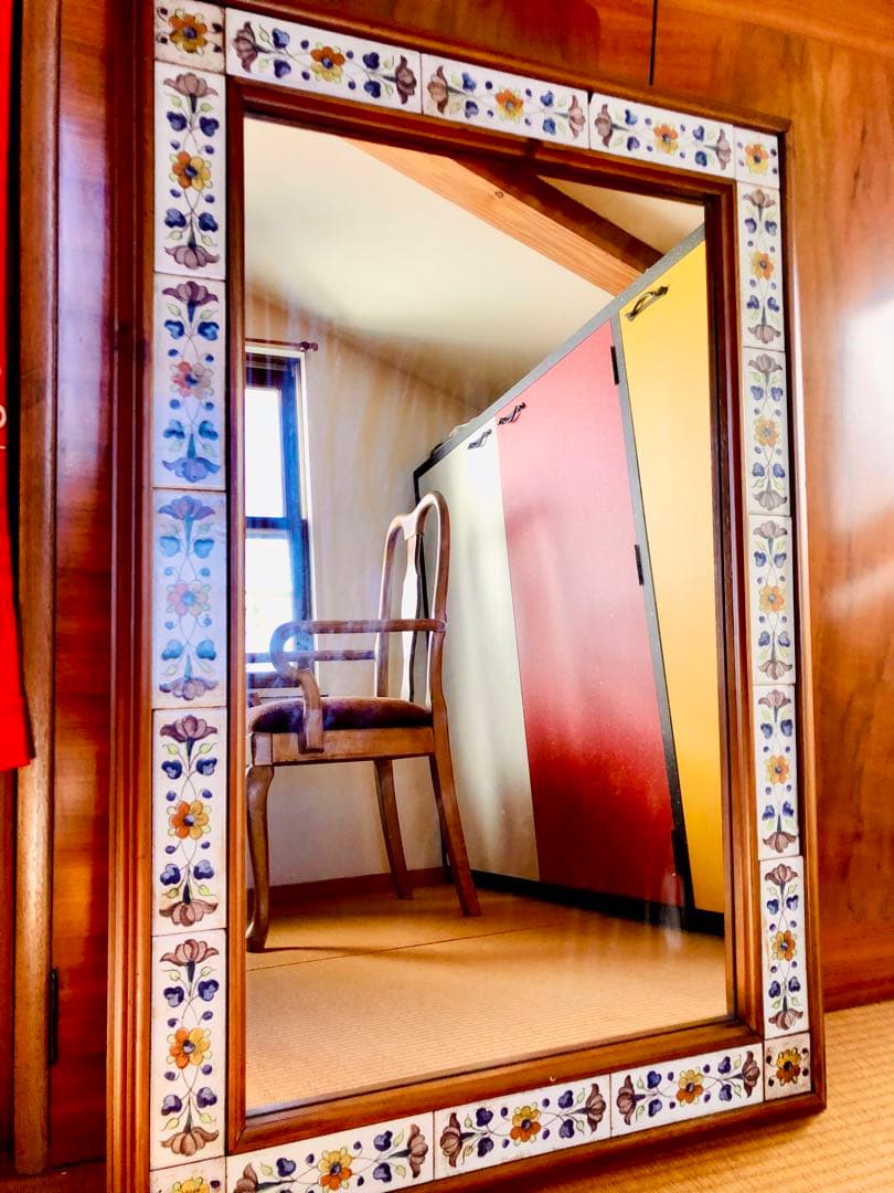 IKEAヴィンテージ西洋タイル張りウッドフレーム・ミラー 大型★  立て掛け鏡