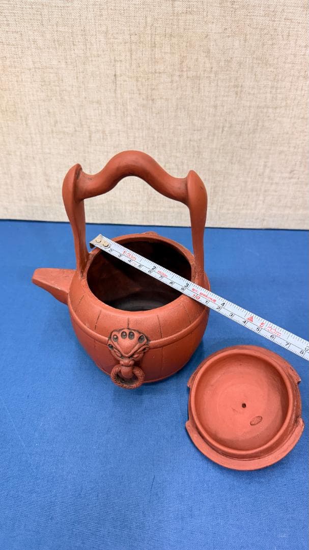 【在銘】紫砂 提梁壺｜獅子面環装・古作風合｜一点物 幅約12・高さ約17