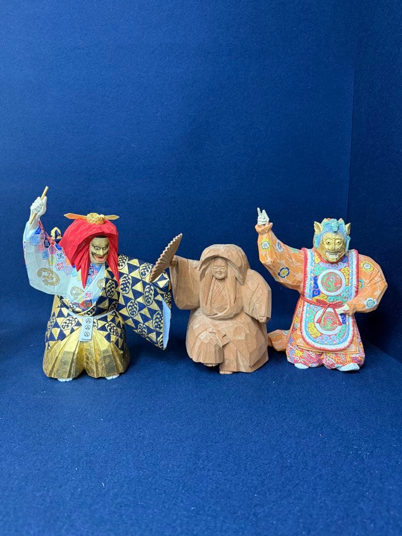 木彫 能人形 春日龍神 歌舞伎 在銘 3体 セット まとめ 奈良一刀彫