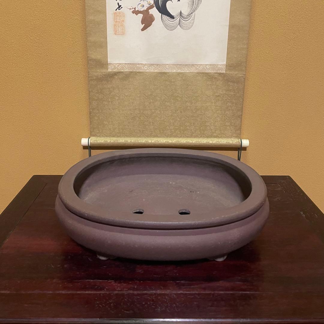 【落款あり】松泉焼 山秋造 楕円袋式雲足 紫泥 盆栽鉢 真柏 時代鉢