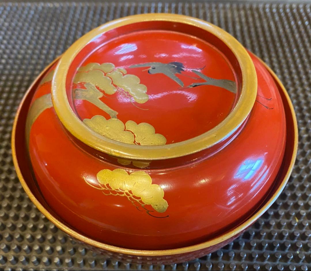 明治期　山中漆器　蒔絵鶴松　箱付5客 古和紙・和歌季語集付き ヴィンテージレア