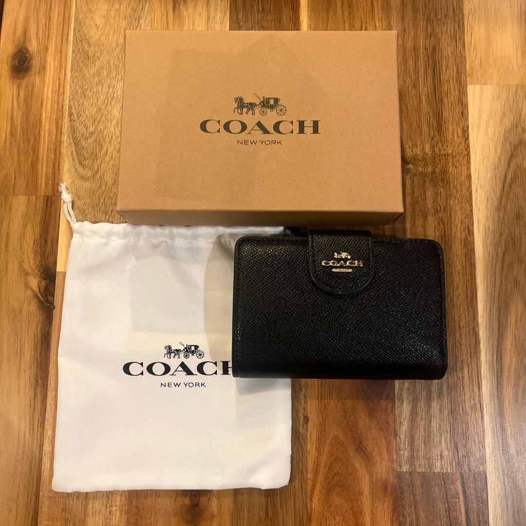 【美品】COACH コーチ 二つ折り財布 ブラック レザー