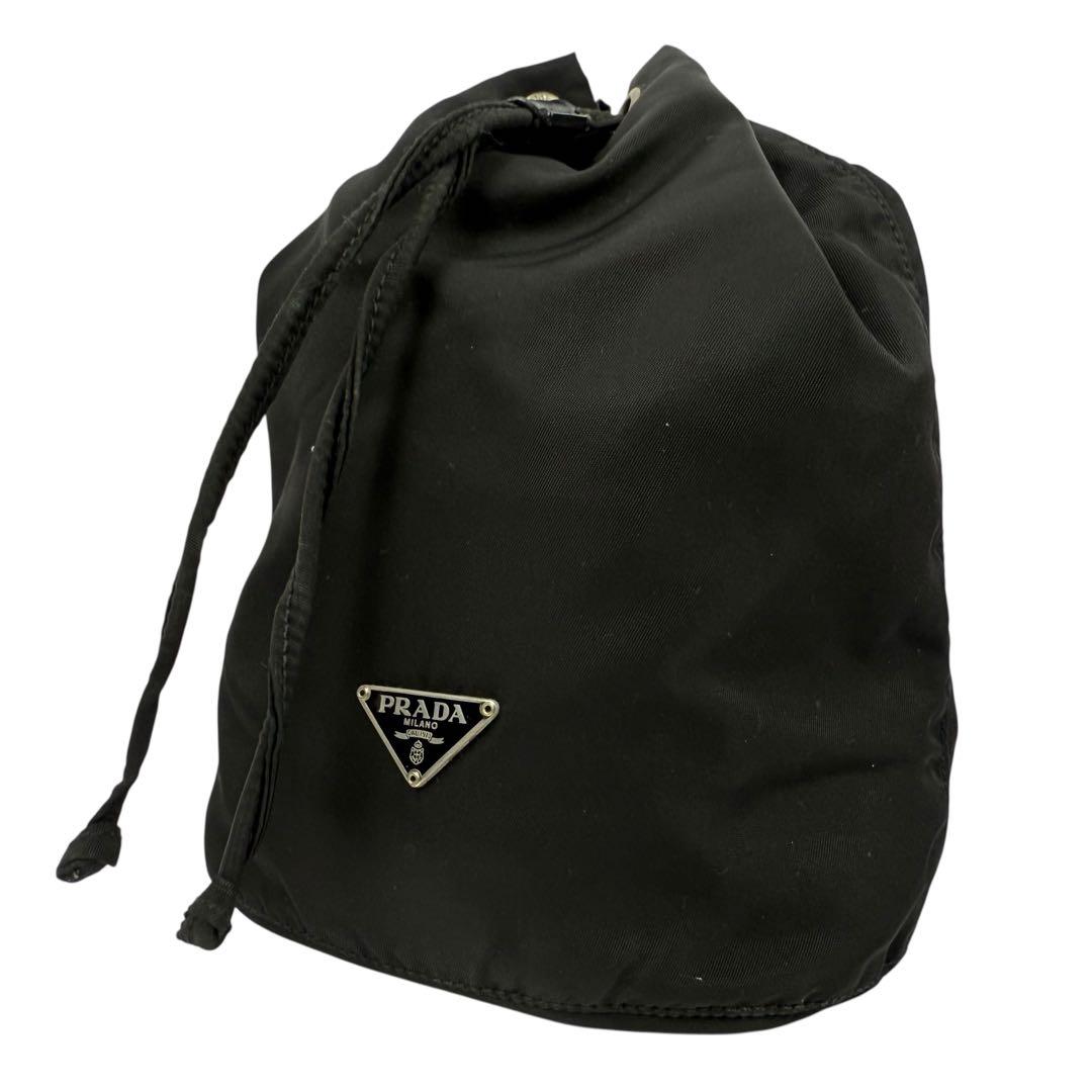 【美品】PRADA プラダ 巾着ポーチ 三角ロゴ ナイロン ブラック 黒 白タグ