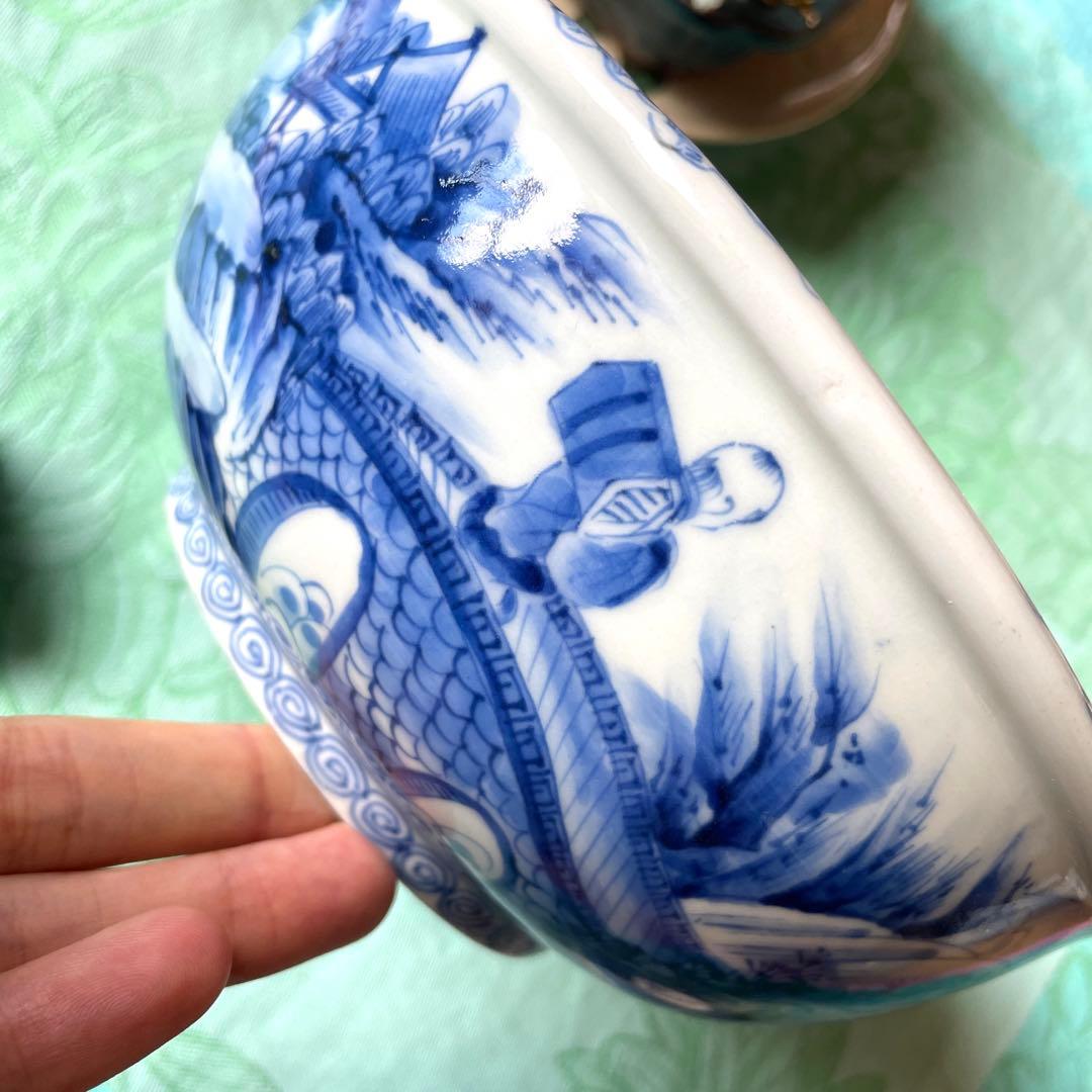 古伊万里　染付　唐子　竹林七賢人図　中深鉢　陶磁器