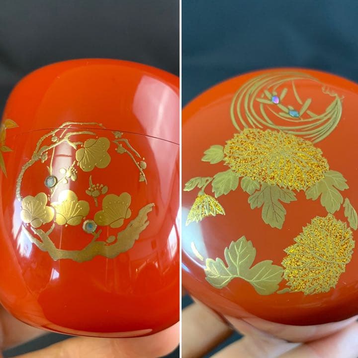 018D82 送料無料　朱塗　花丸蒔絵　中棗　棗　茶道具　茶室