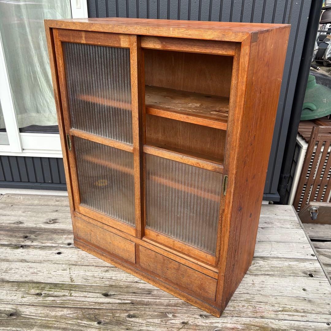 昭和レトロ 古家具 モザイクガラス戸 木製キャビネット 食器棚 サイドボード