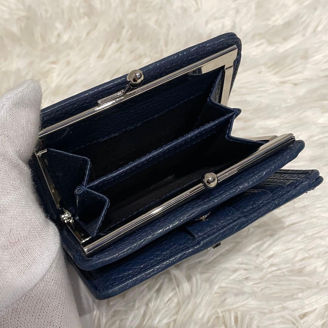 美品 ヴィヴィアンウエストウッド 二つ折り財布 シボ革 がま口 ネイビー 箱付き