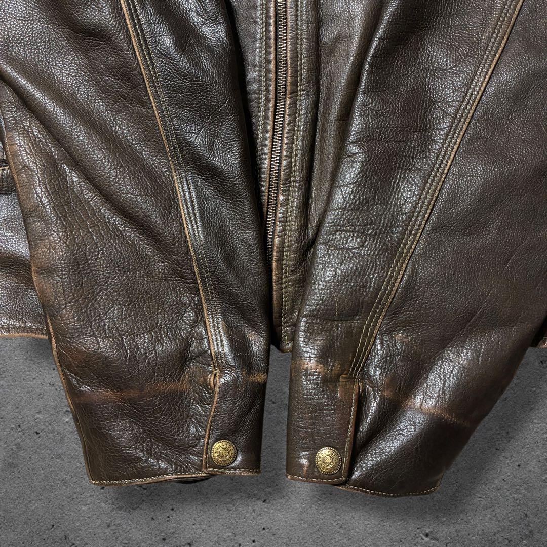 雰囲気◎レザードリズラーブラウンXLジップアップ短丈エイジングシングルライダース