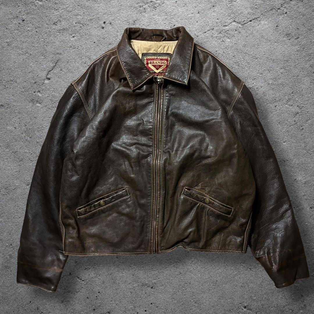 雰囲気◎レザードリズラーブラウンXLジップアップ短丈エイジングシングルライダース