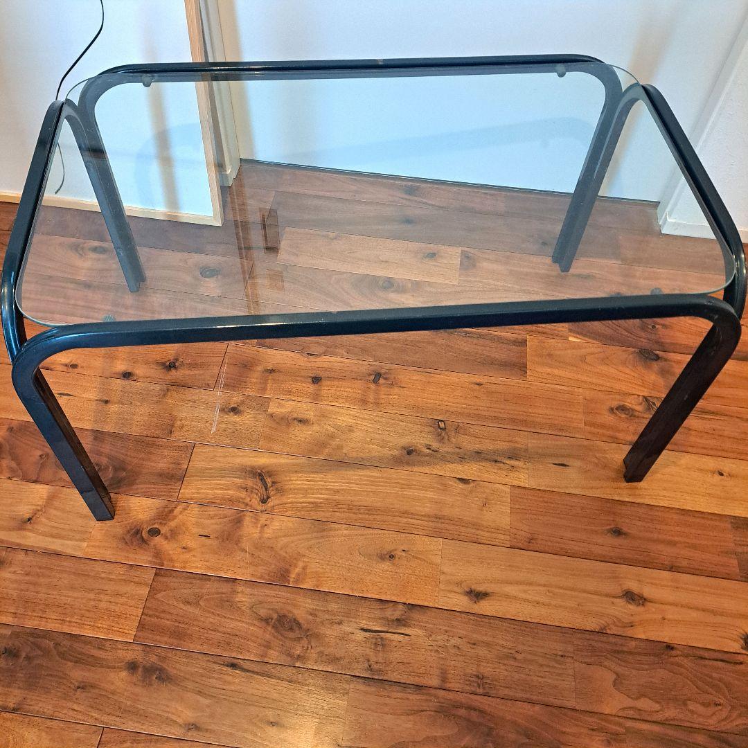 80年　アイアンフレーム ガラステーブル ストライプ柄 ミッドセンチュリー