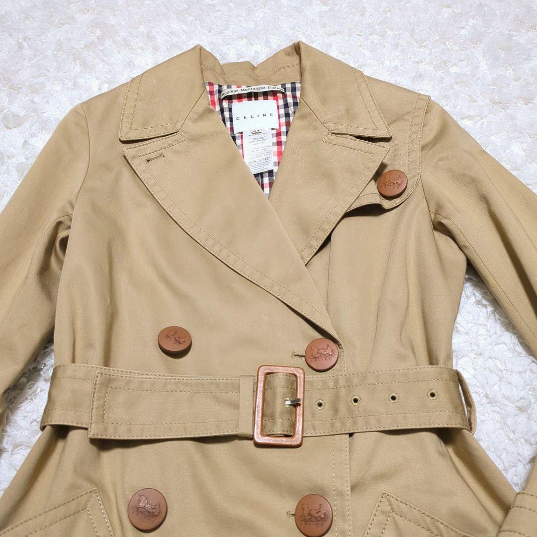 CELINE◆ホースボタン 裏地チェック トレンチコート ベージュ 34