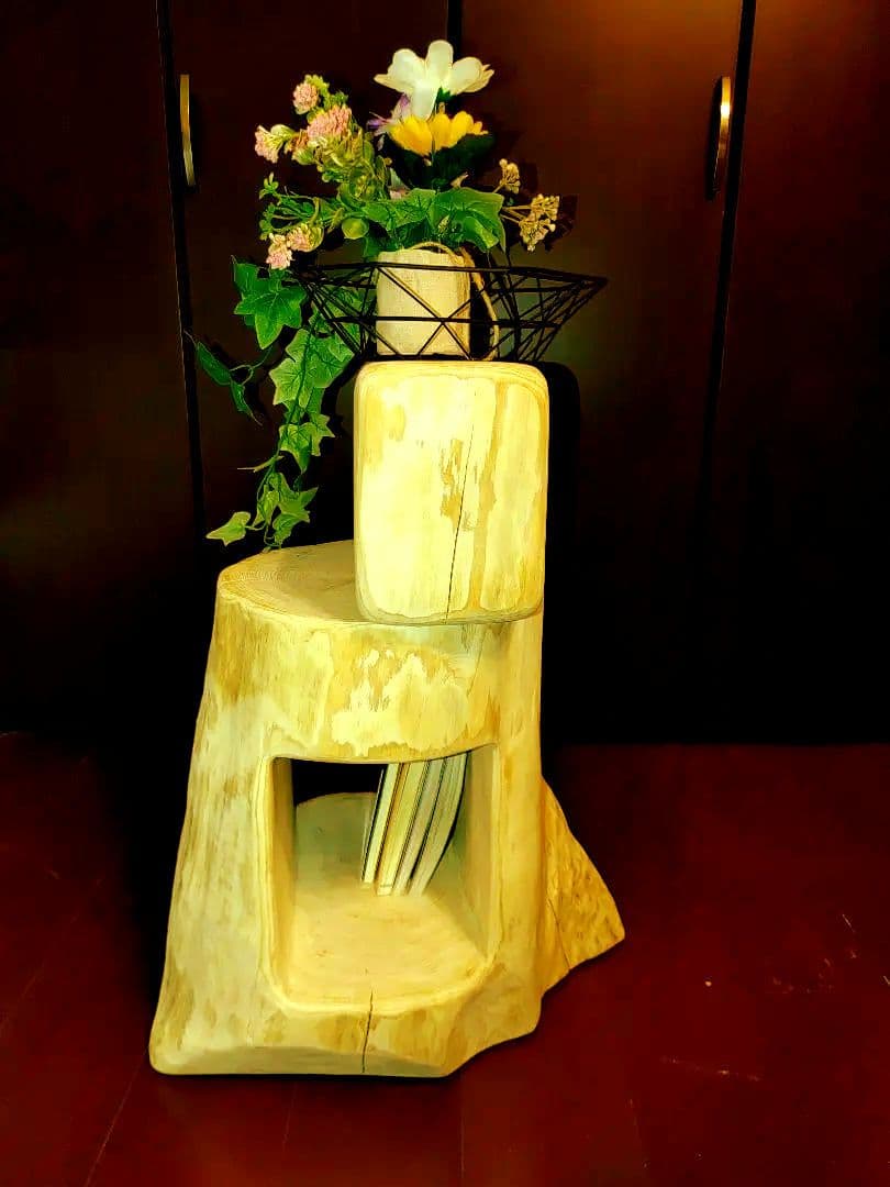 大型 切り株 ひのき くりぬき 親子 本立て 椅子 スツール テーブル高46cm