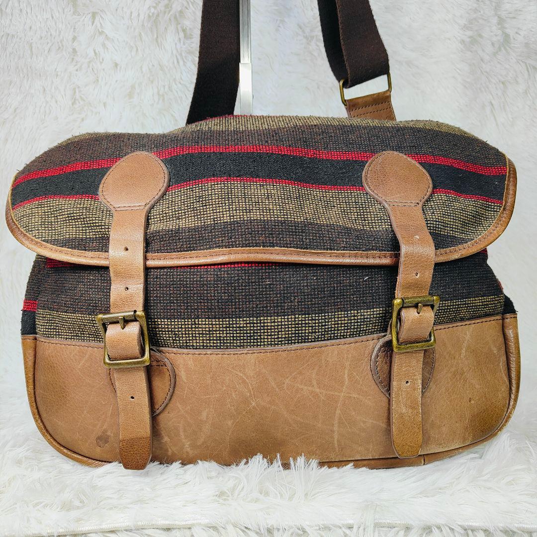 エルエルビーン 90年代ツイードレザー メッセンジャーバッグ　茶　ボーダー