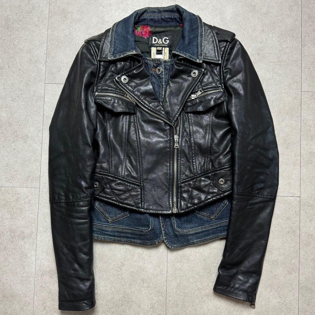 D&G 花柄 本革 デニム ライダース レザー ジャケット
