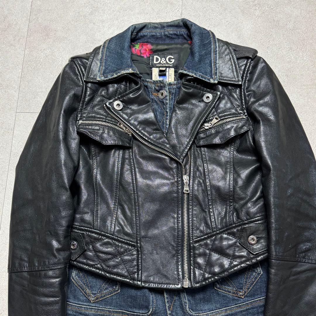 D&G 花柄 本革 デニム ライダース レザー ジャケット