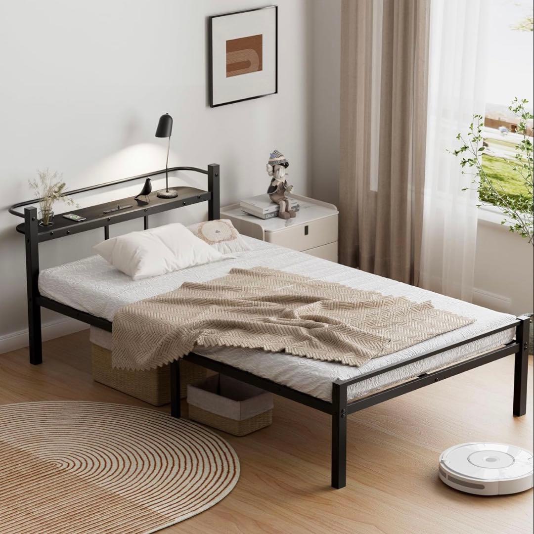 ベッドフレーム❣️シングル ベッド 宮棚 2口コンセント 耐荷重300kg 頑丈