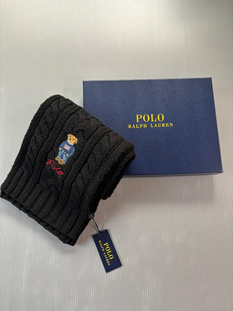 GIFTBOX入り　ポロベア新品　ラルフローレン　マフラー　ポロベア　編みBK