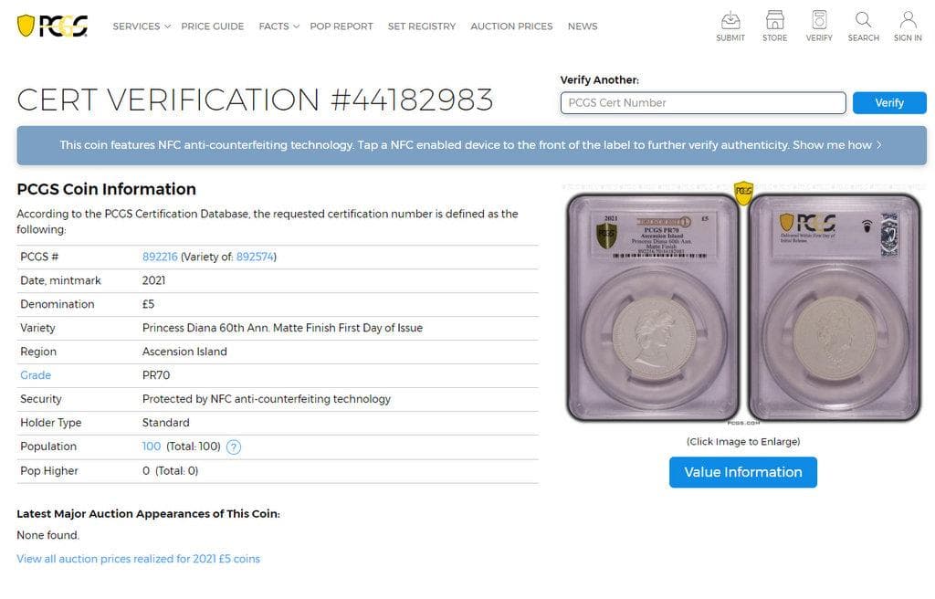 2021年 アセンション島 ダイアナ妃生誕60周年記念 銀貨 PCGS PR70