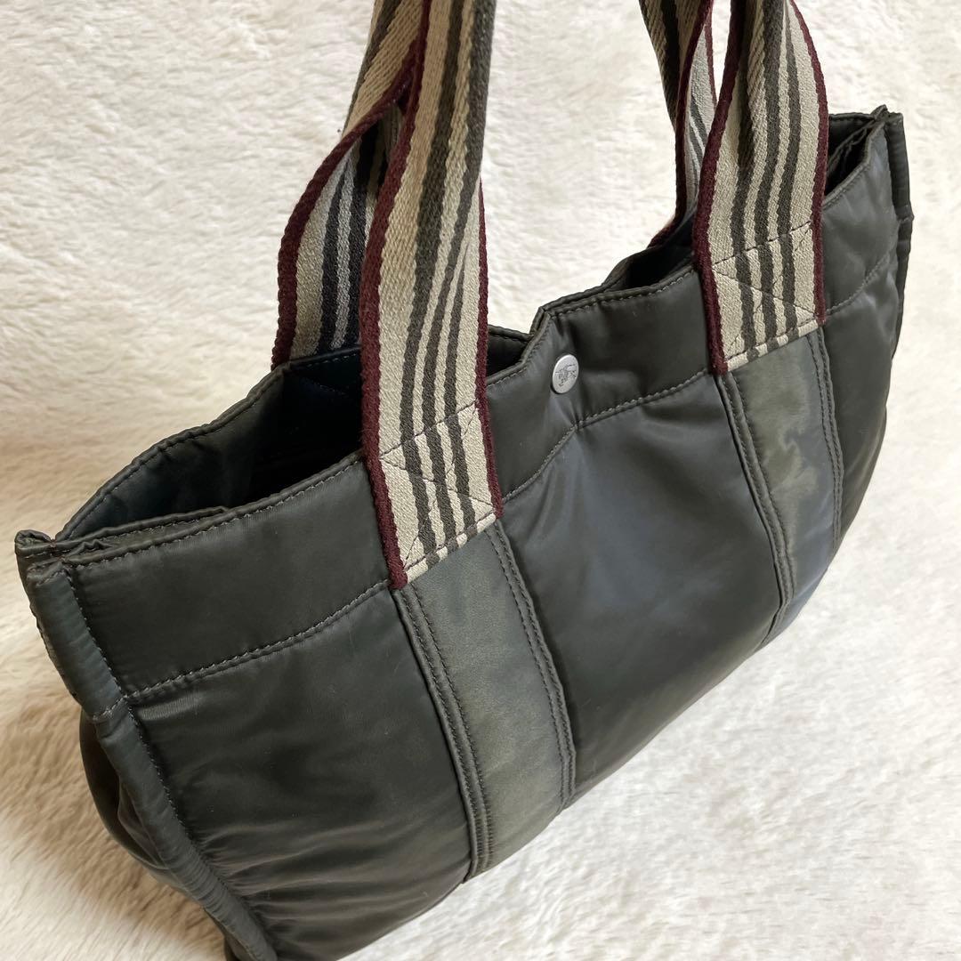 バーバリーブルーレーベル 銀ボタン トートバッグ ストライプ BURBERRY