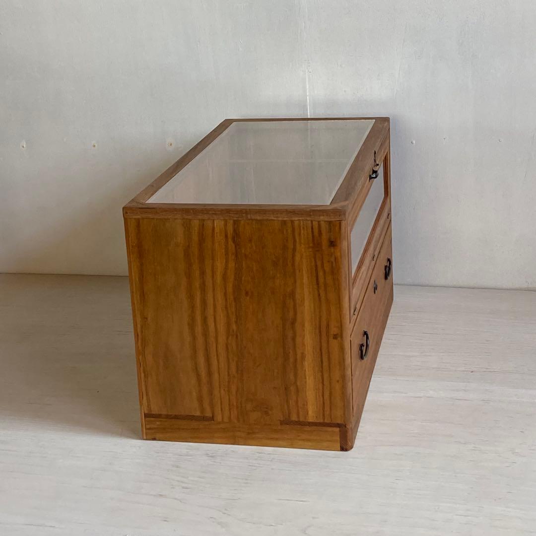 古い木製 引き出し付き ガラスケース ショーケース ガラス戸棚 木製棚