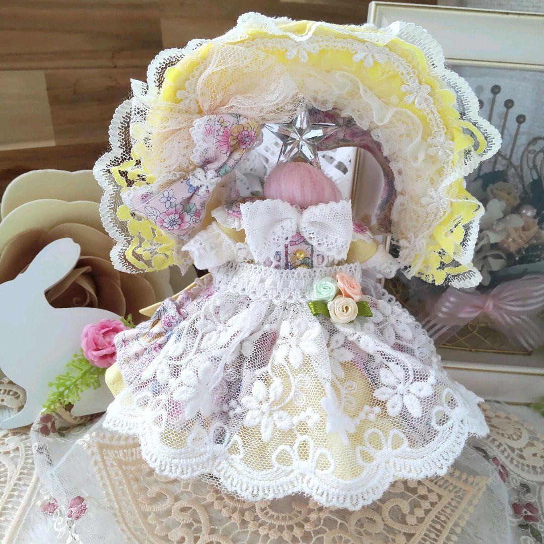 【世界で１着】エプロン付　４点セット　小花イエロー　ドレス　１６cm　ぬい服