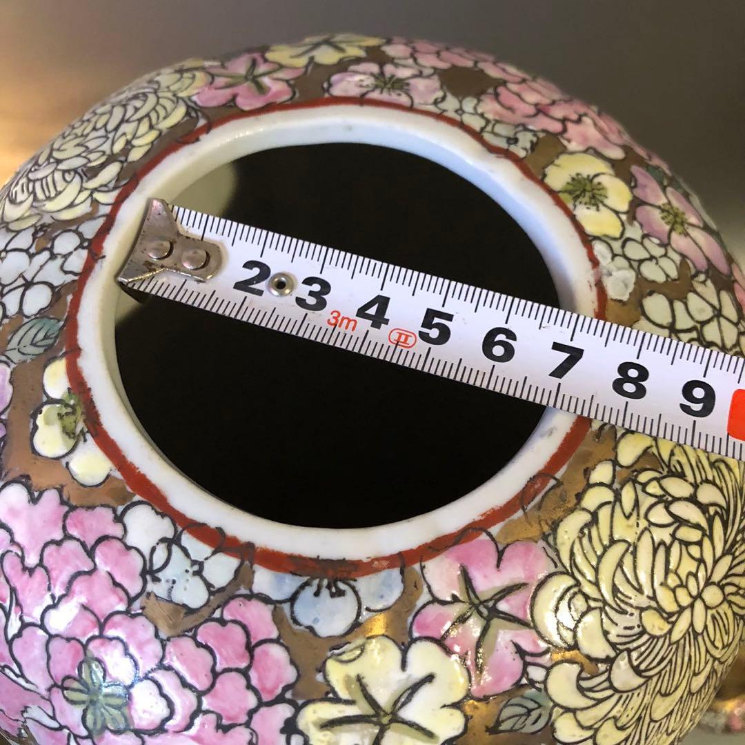 N342、花詰 中国様 中国美術 花器飾り壺 本金彩 豪華な蓋付大花瓶