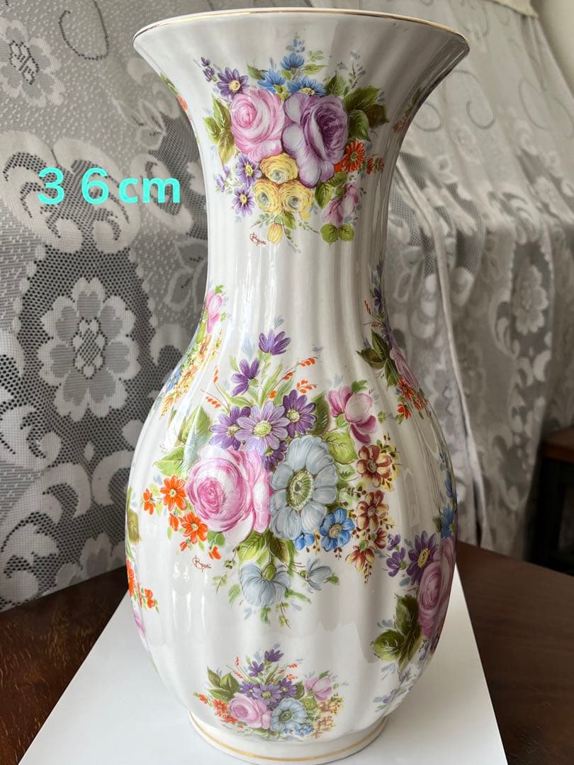 イタリア製　花びん　大型　磁器　セラミック　花模様　ビンテージ　36cm 美品