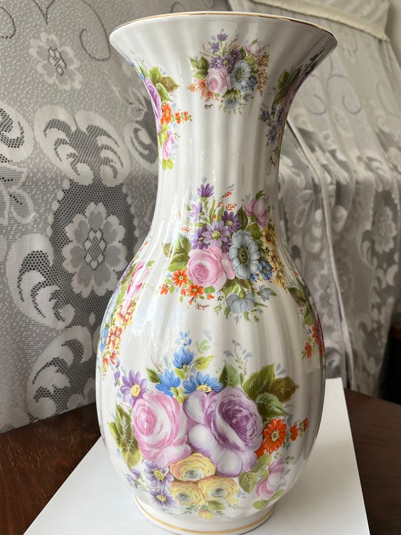 イタリア製　花びん　大型　磁器　セラミック　花模様　ビンテージ　36cm 美品