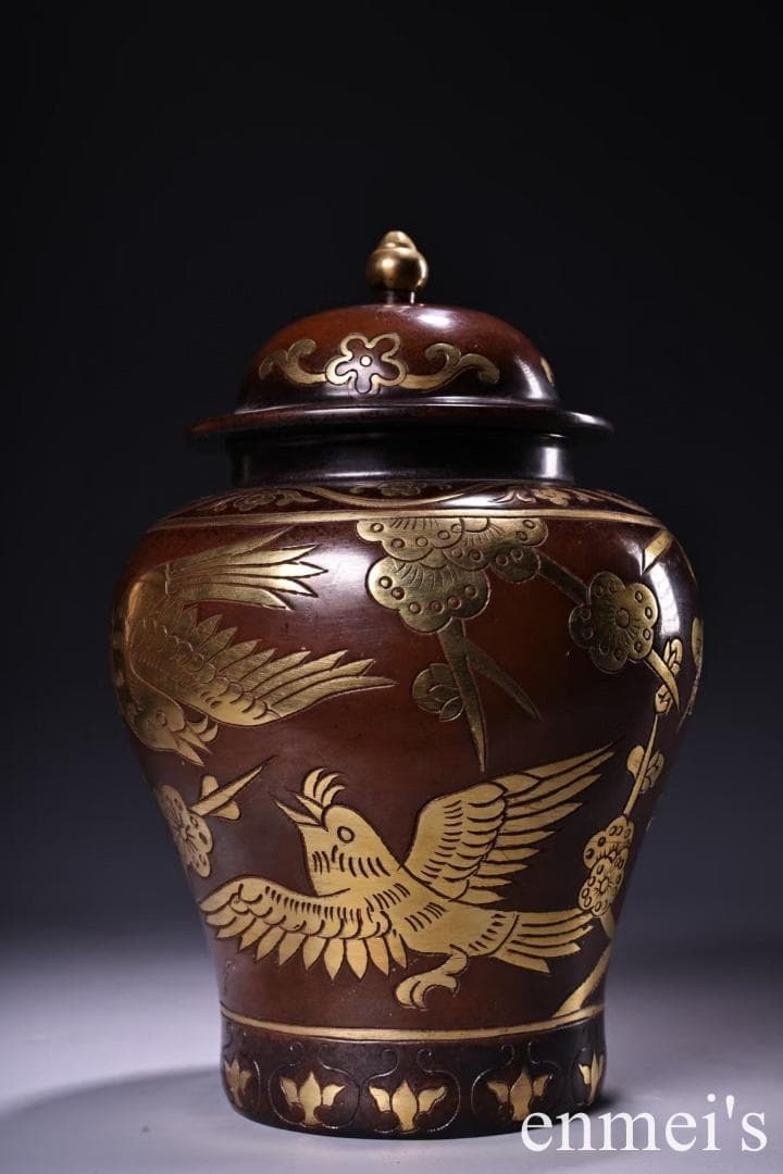 中国古美術・旧蔵鎏金の将軍罐・純手作り・純紫銅製・高浮彫・案頭・文房具・禮品