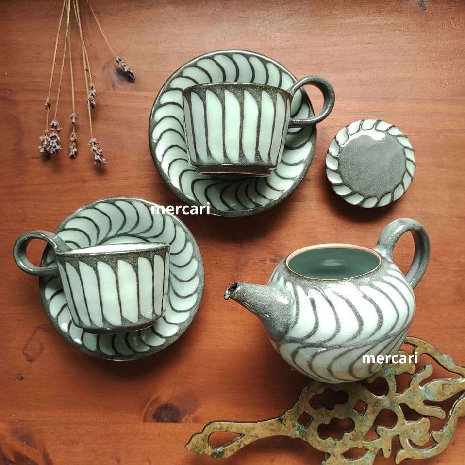 新品　仕立て屋陶器　ポット・カップ＆ソーサー2客　青磁×灰　陶芸　作家