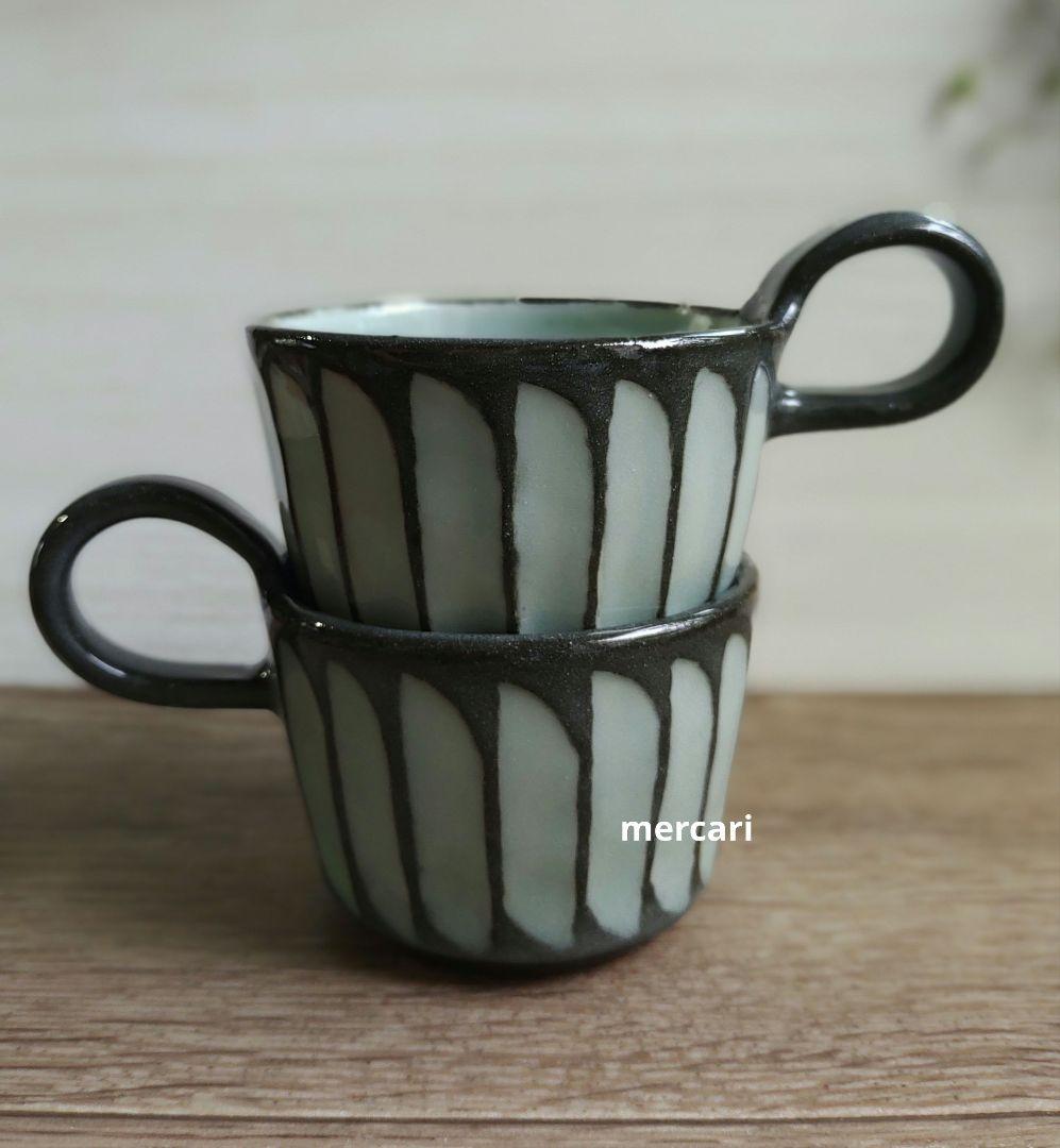 新品　仕立て屋陶器　ポット・カップ＆ソーサー2客　青磁×灰　陶芸　作家