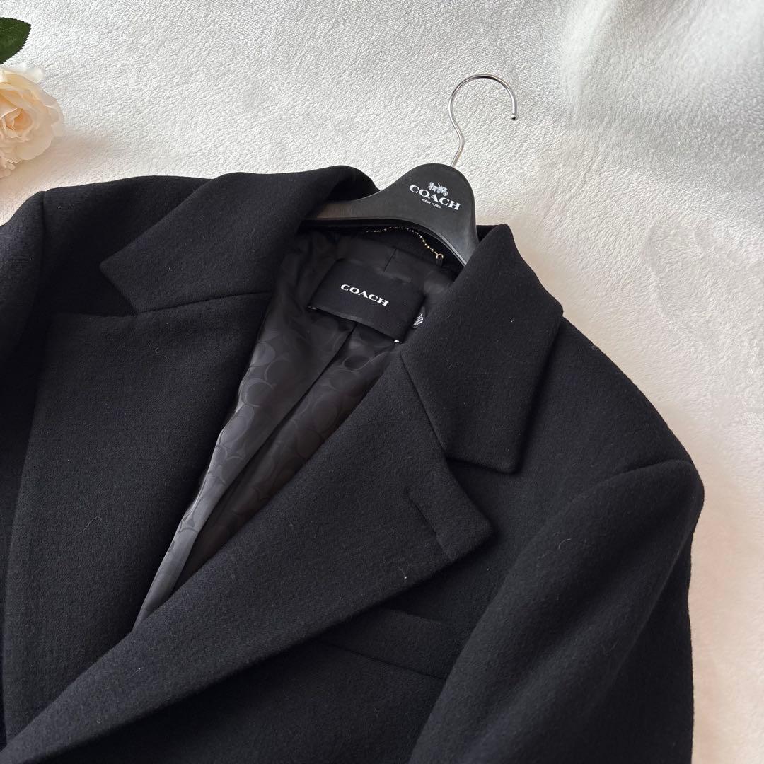 【未使用保管】コーチ　ロングコート　ウール　総柄　Pコート　ブラック　M