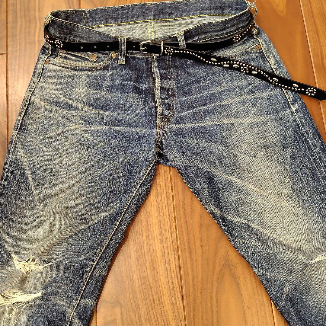 クロス橙■本革レザーフルスタッズナローベルト☆ヴィンテージアンティークゴールド