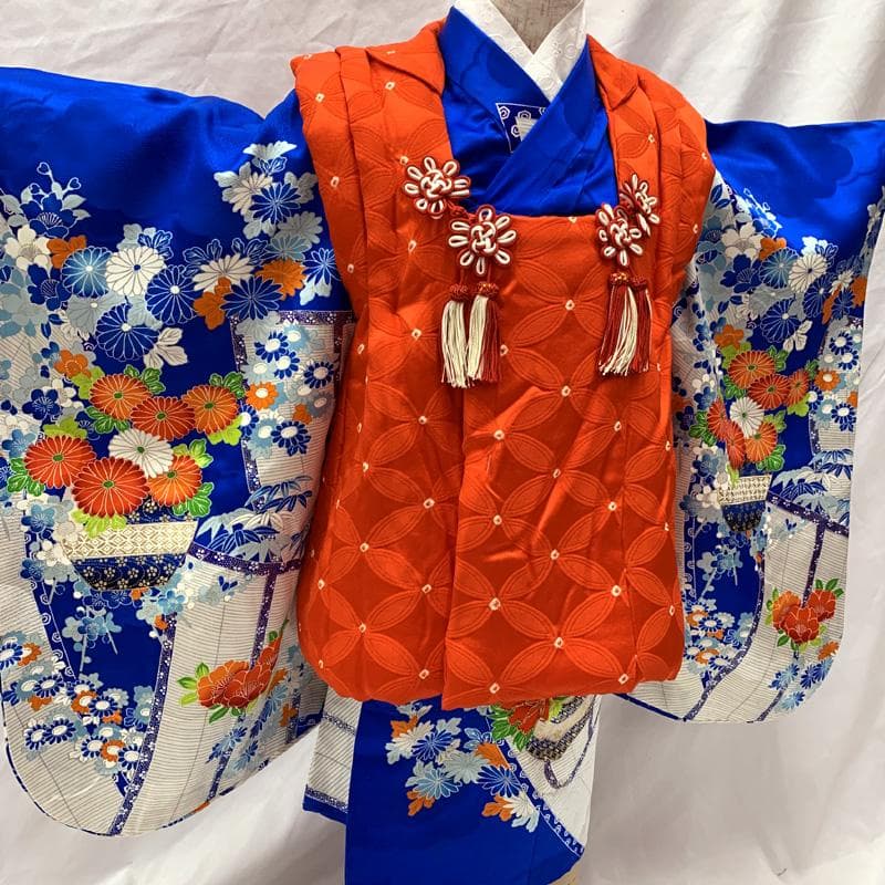 510ag32□七五三 三歳 女児 着物&被布 金彩 几帳文 壺に花□状態良好