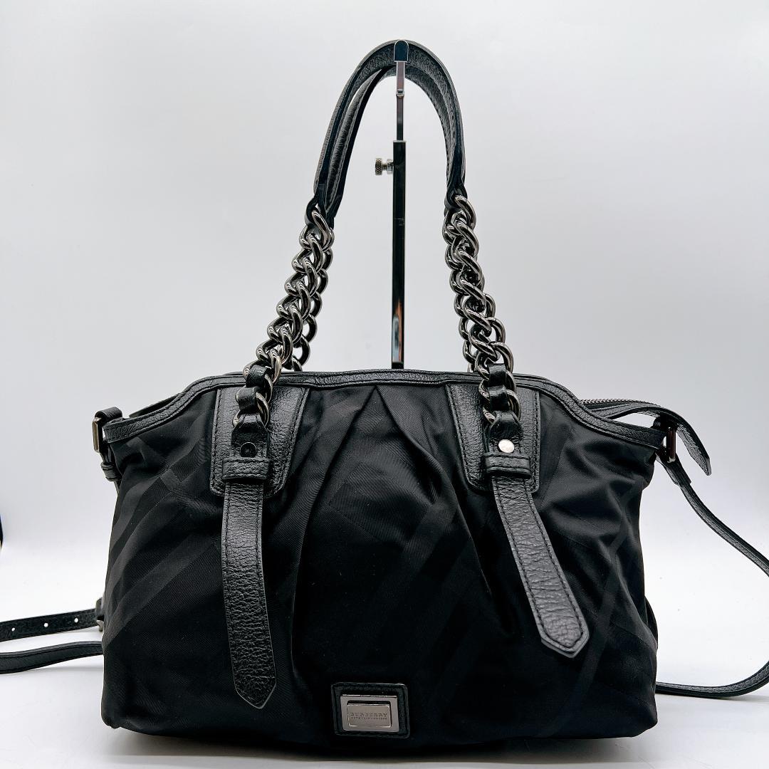 美品 BURBERRY シャドーチェック ナイロン チェーン トートバッグy10