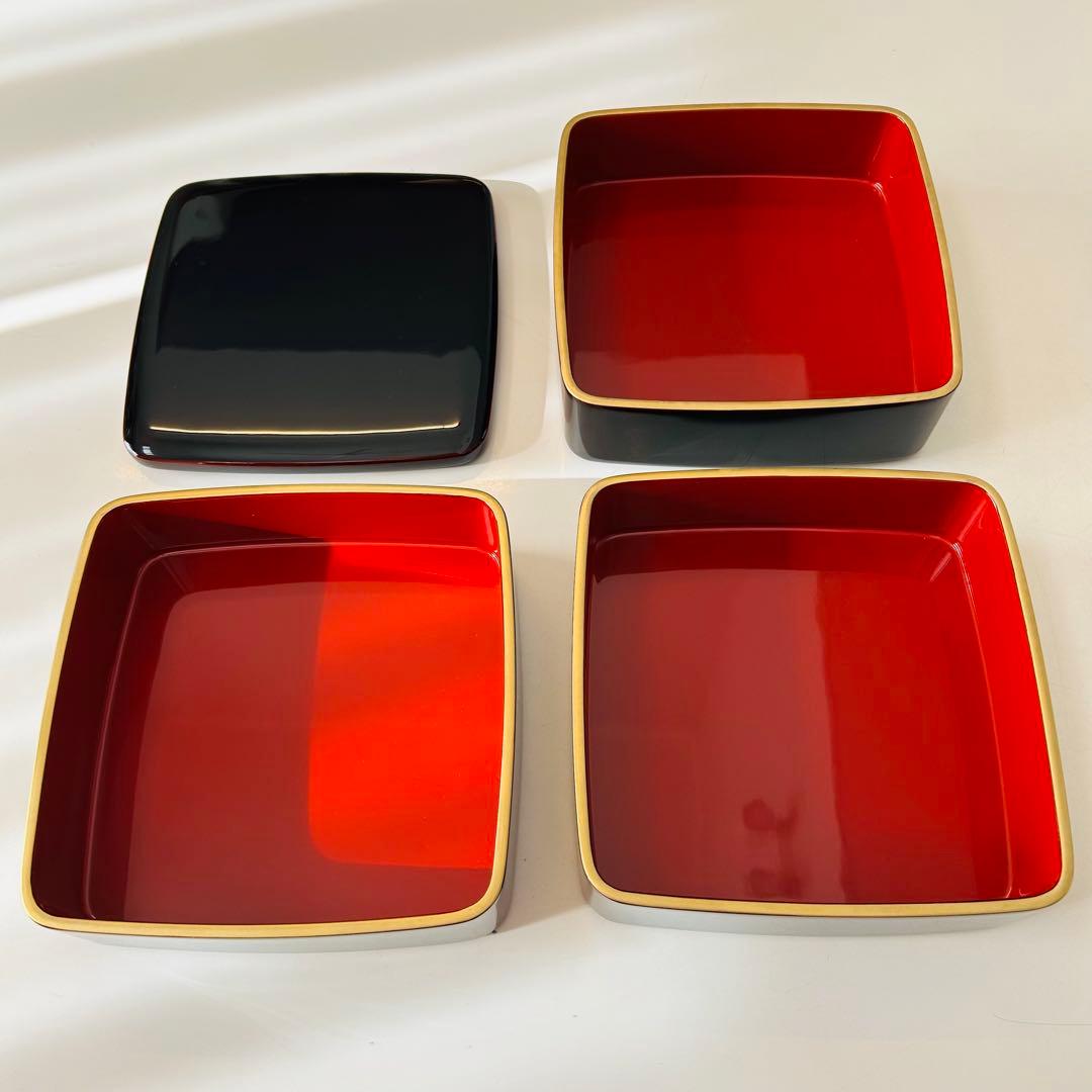 美品　高級　越前塗　3段重　木製　6寸 胴張　留内朱　渕金