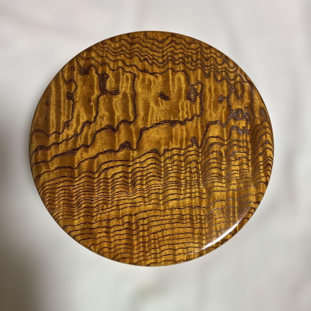 梻(タモ)製円形盆 黄褐色 木目模様 箱付き