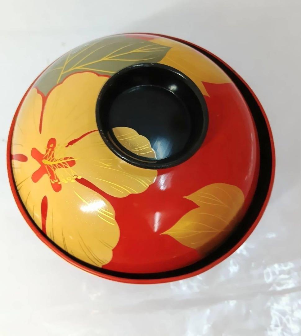 骨董 能登輪島塗 朱漆内黒 芙蓉花蒔絵 お椀 5客 レトロ アンティーク