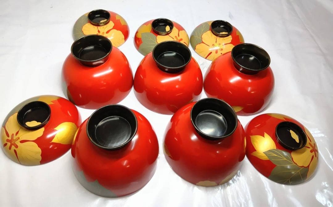 骨董 能登輪島塗 朱漆内黒 芙蓉花蒔絵 お椀 5客 レトロ アンティーク