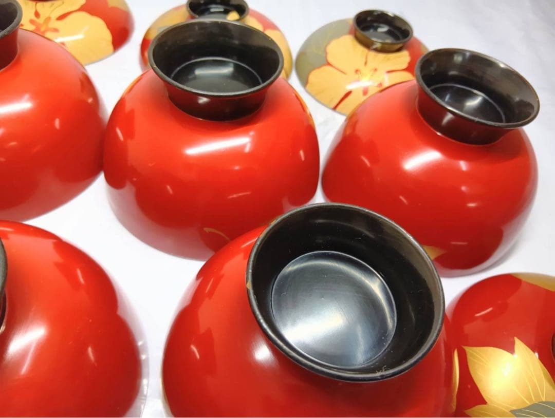 骨董 能登輪島塗 朱漆内黒 芙蓉花蒔絵 お椀 5客 レトロ アンティーク