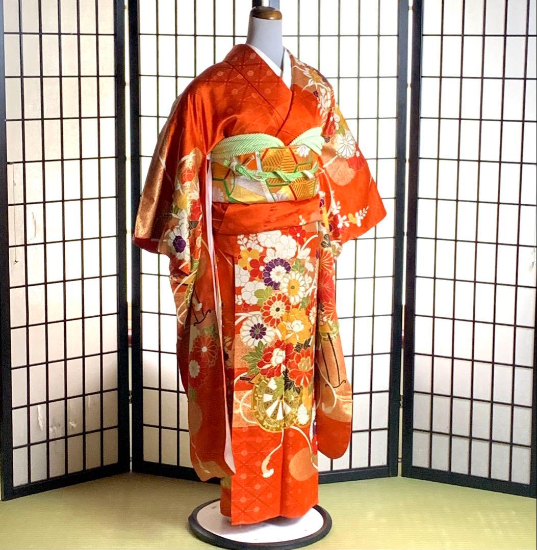 s*m様 【美品】振袖　正絹100% 5点　フルセット　身丈159cm 花車　橙
