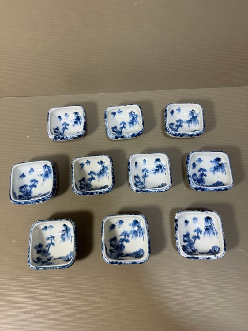 2223 九谷焼　角福　染付山水　小鉢　10客　時代物