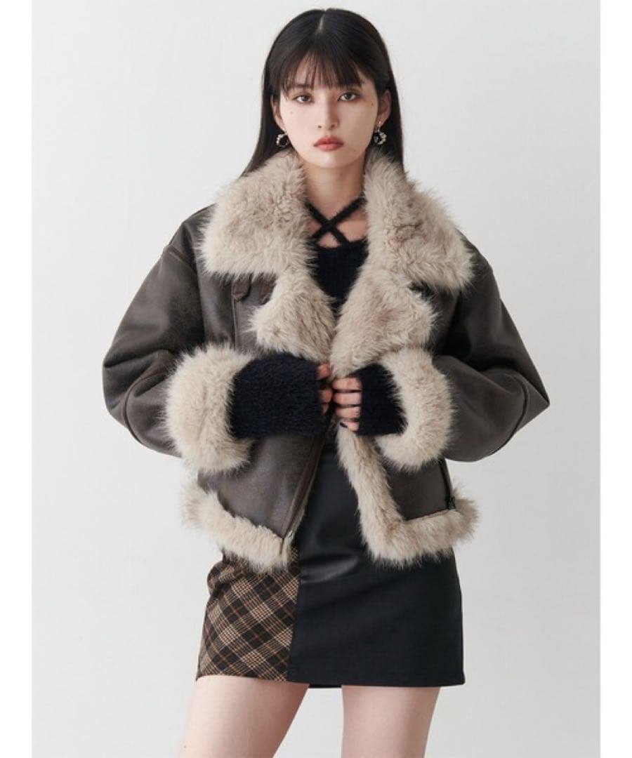 MURUA アンイーブンショートフェイクムートンジャケット ブラウン