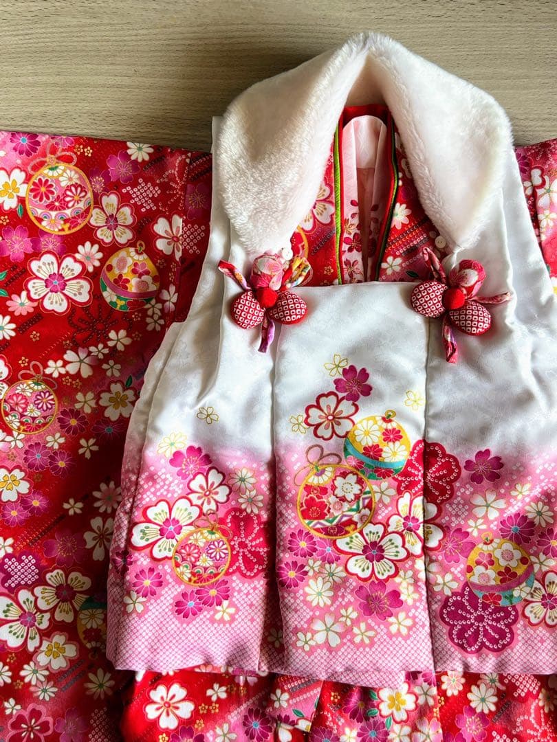 七五三 子供用着物フルセット 3歳 女の子 ふわふわファー襟付き 花柄 花うさぎ