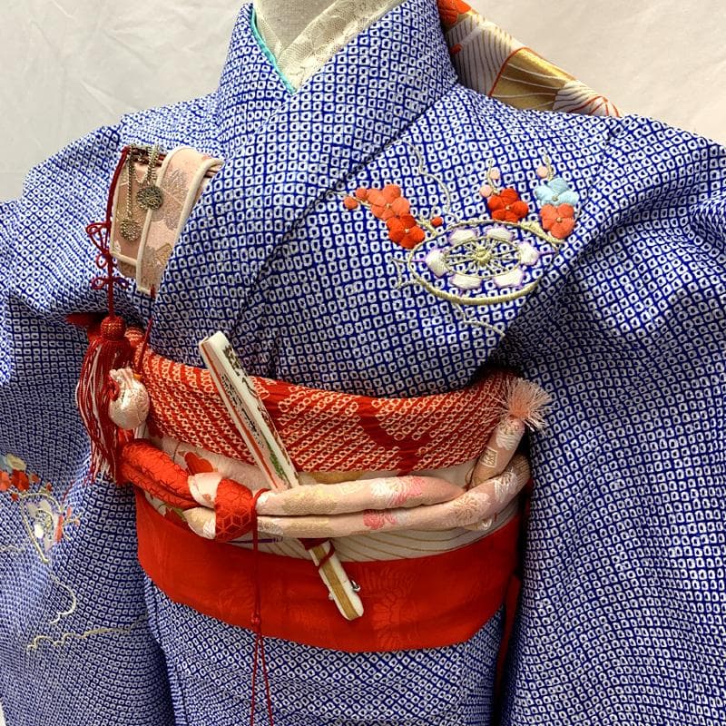 506ag54□七五三 七歳 女児 着物&袋帯 総絞り 総刺繍 御所車□美品