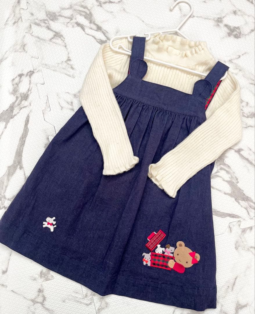 【超美品】familiar ファミリア　デニム　ジャンパースカート　ニット　90