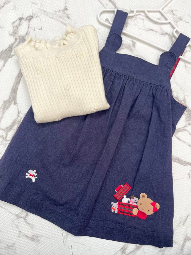 【超美品】familiar ファミリア　デニム　ジャンパースカート　ニット　90