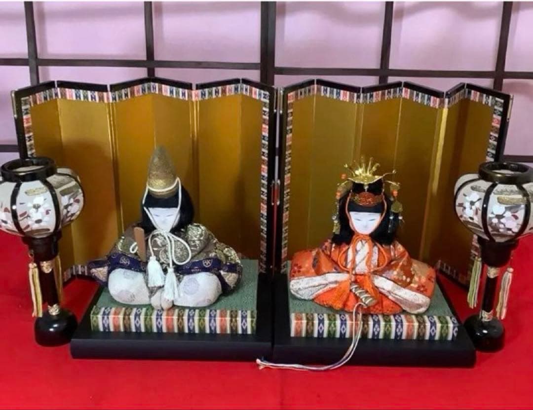 【木目込み人形】 雛飾りセット ①親王飾り② 木製親王台③小型屏風④小型ぼんぼり