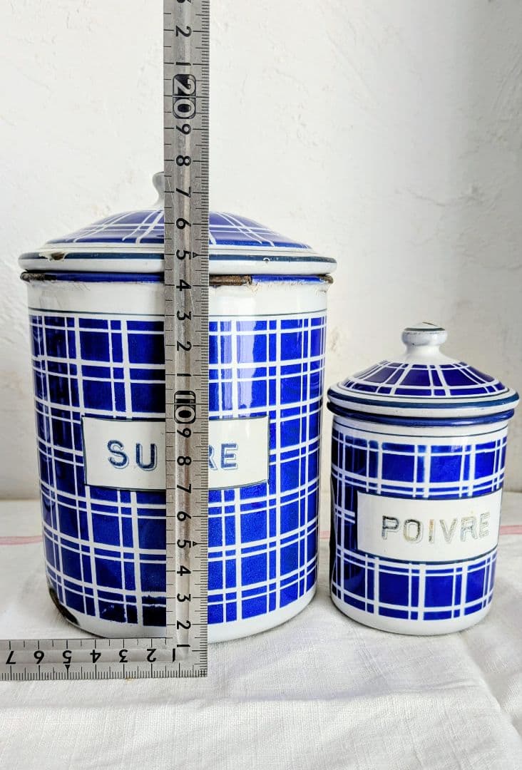 フランス BB社 ホーロー キャニスター フルセット青と白のチェック柄