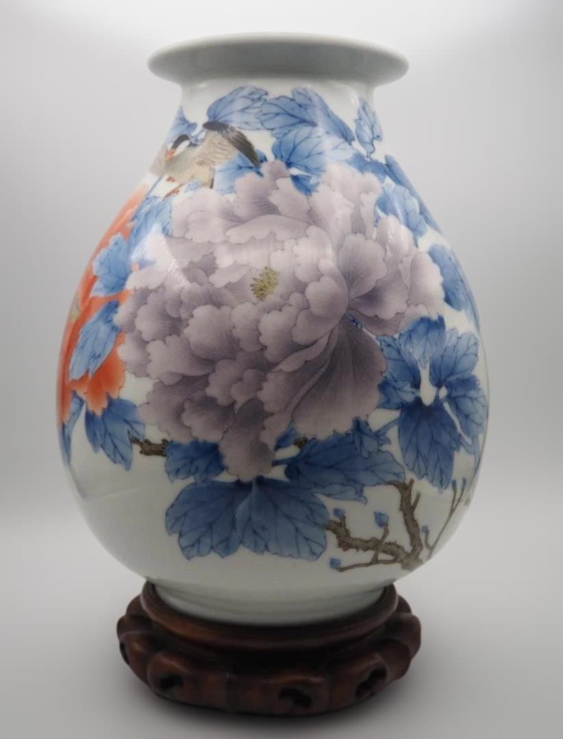 真葛香山 宮川香山 青華釉下彩花瓶 4鳥牡丹図 台付き